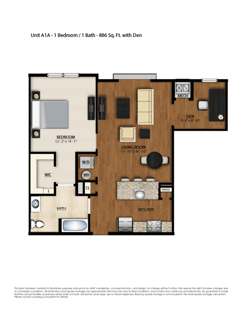 Floor plan for 1 bed, 1 bath, 886 sqft